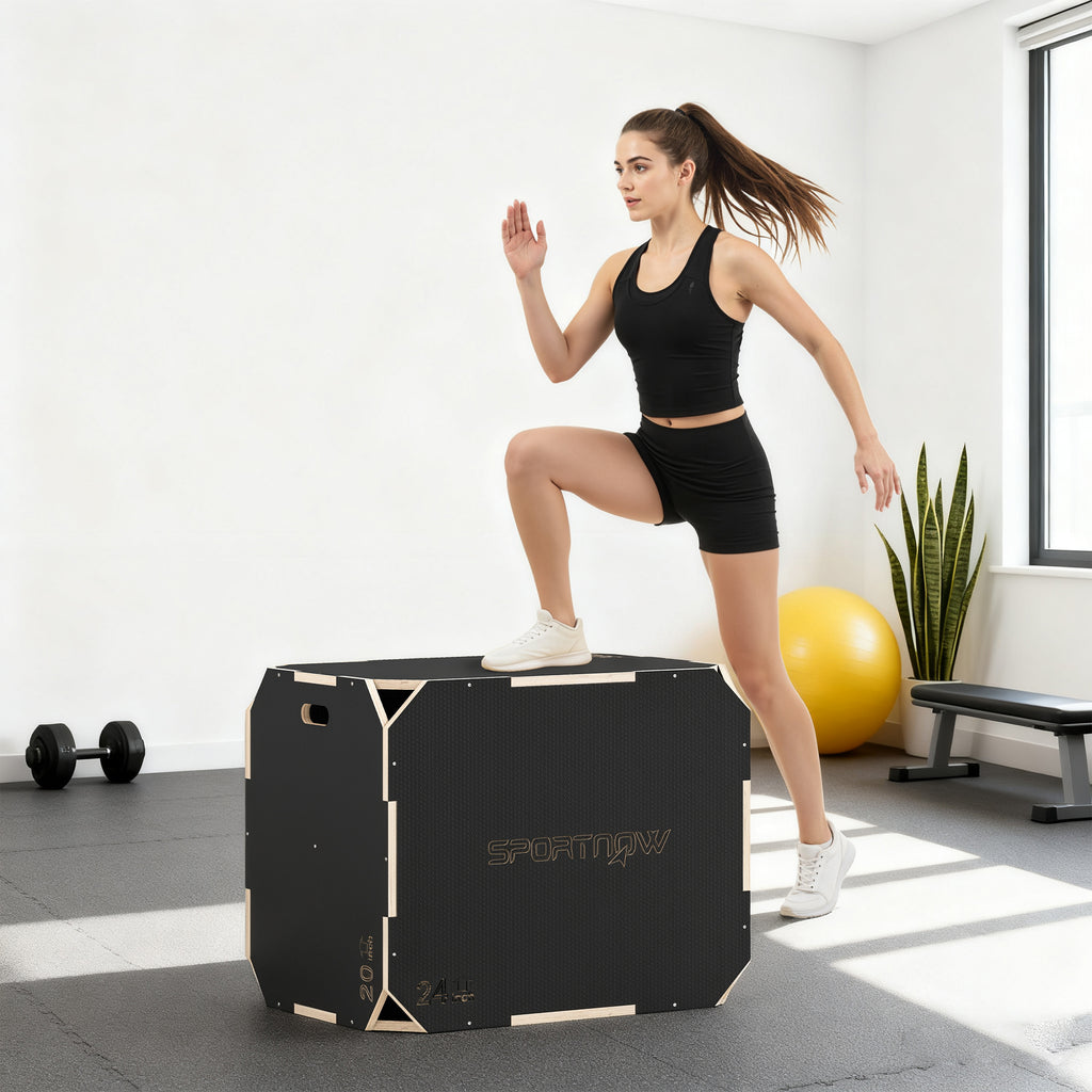 SPORTNOW 3-in-1 Wooden Plyometric Jump Box, Non-Slip Plyometric Jump Box with Handles for Home Gym Training, 76x61x51 cm, Black