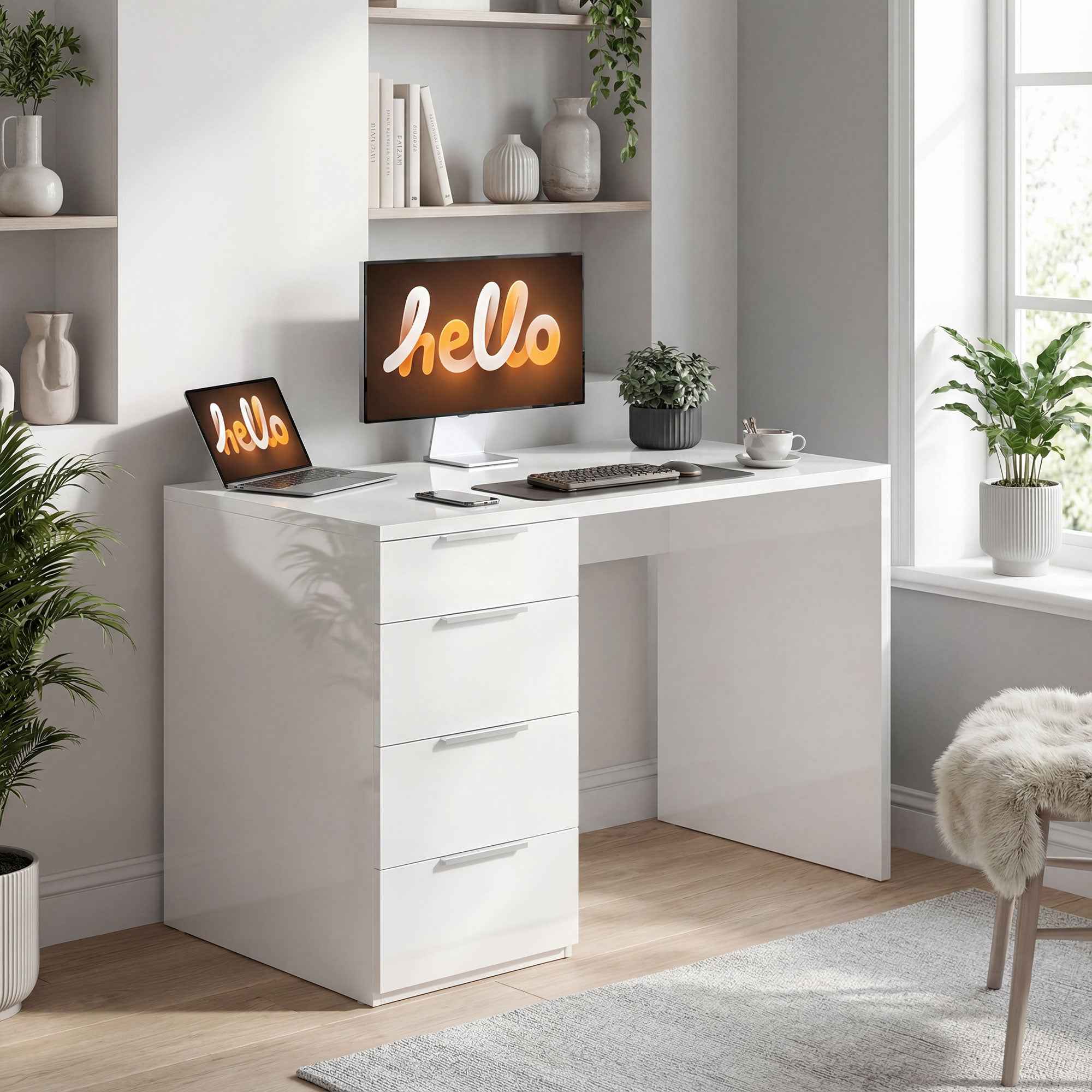 HOMCOM Space-Saving Desk Computer Table 4 Drawers 110x61.5x75 cm White