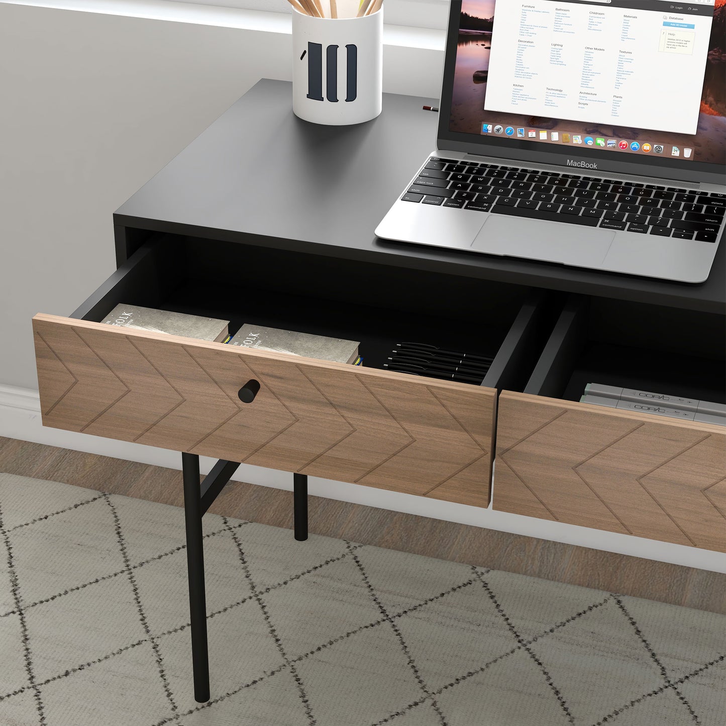 Modern Office Desk with 2 Drawers, Steel and MDF, 106x50x77 cm, Black and Oak - Borgè