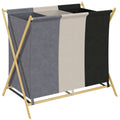 Foldable Laundry Hamper with 3 Compartments, Bamboo and Linen Effect Fabric, 75x48x67 cm, Multicolor
