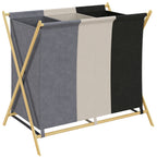 Foldable Laundry Hamper with 3 Compartments, Bamboo and Linen Effect Fabric, 75x48x67 cm, Multicolor