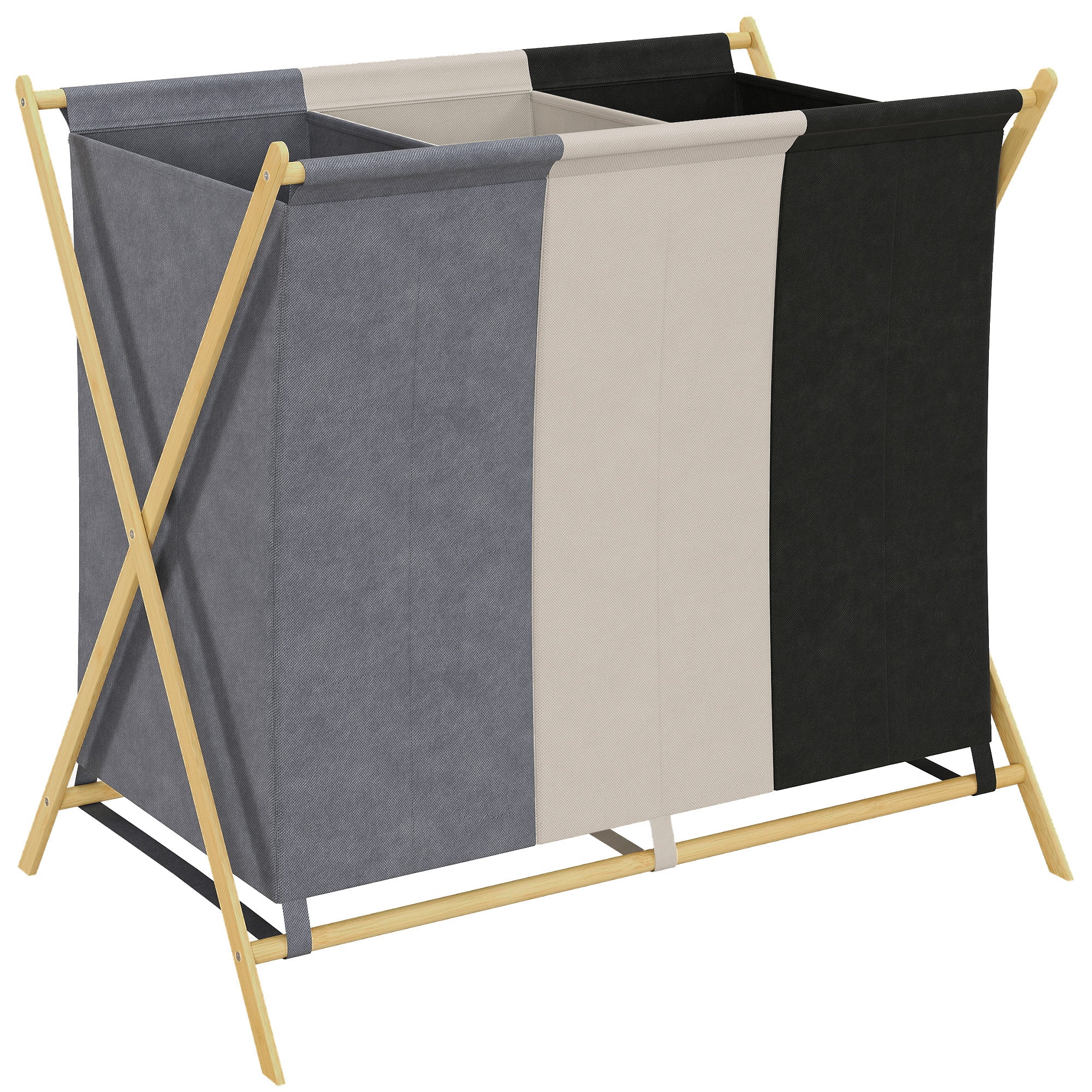 Foldable Laundry Hamper with 3 Compartments, Bamboo and Linen Effect Fabric, 75x48x67 cm, Multicolor