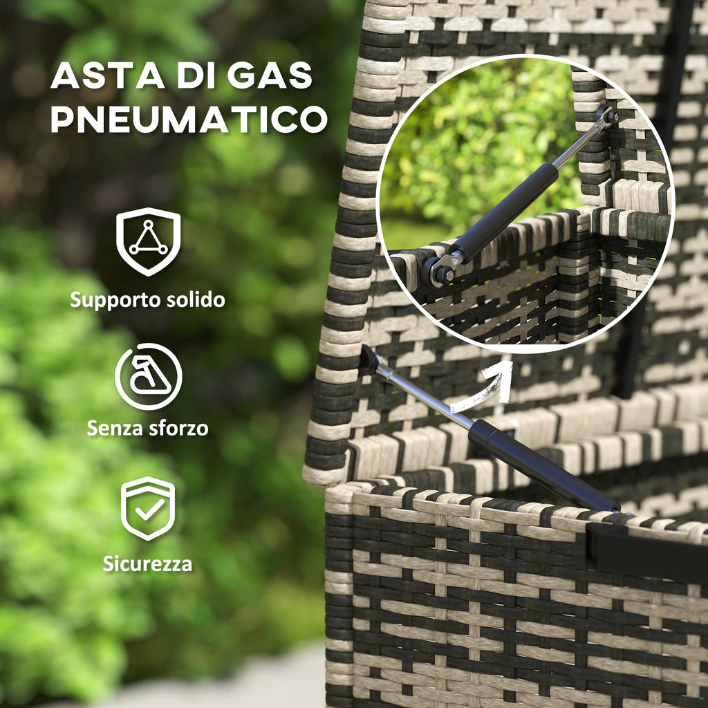 350L 2-Tier Outdoor Storage Chest with Gas Pistons, PE Rattan and Steel, 118x57x69 cm, Grey