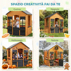 Kids Wooden Playhouse with Flower Pots, for Indoor/Outdoor Play, Ages 3–8, Brown