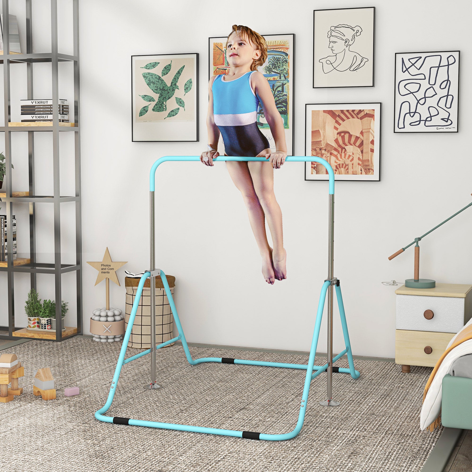 HOMCOM Gymnastics Bar for Children Ages 3+ with 5-Position Adjustable Heights in Steel, Green