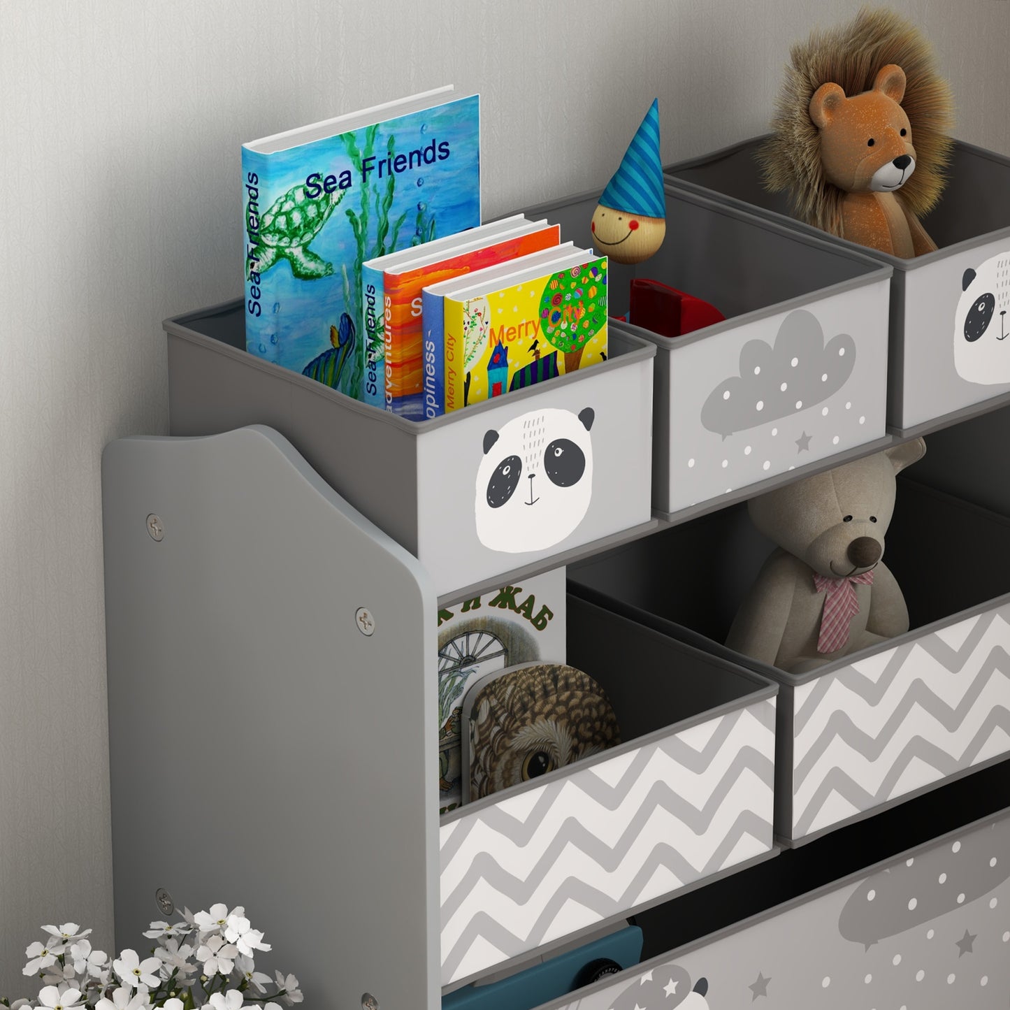 ZONEKIZ Children's Toy Shelf with 6 Removable Fabric Containers, 63x30x66cm, Gray