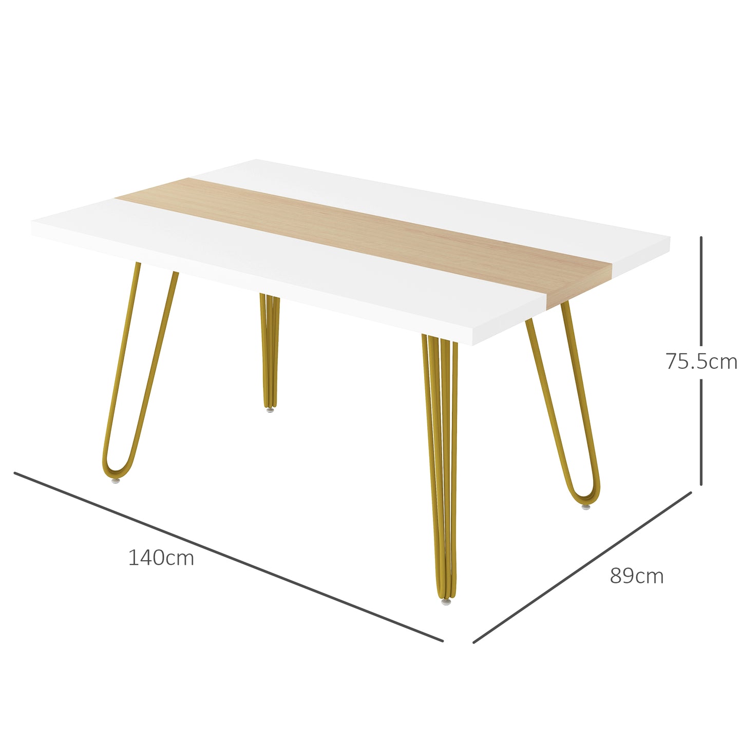 HOMCOM Kitchen and Living Room Table for 6 People Max with Hairpin Legs, in MDF and Steel, 140x89x75.5 cm