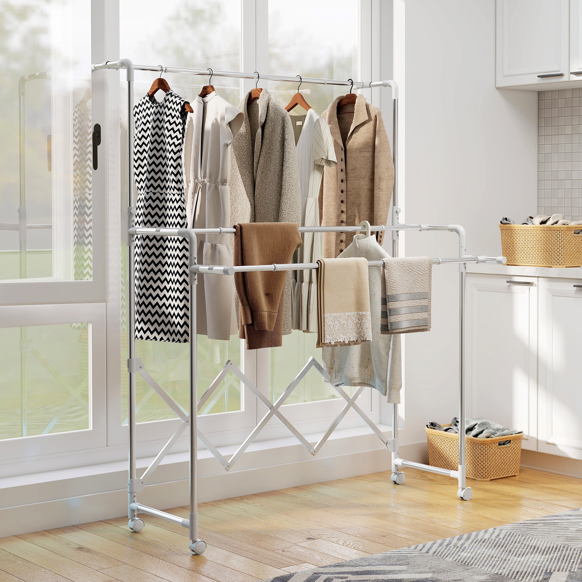 Folding Clothes Airer with 3 Adjustable Bars, Swivel Wheels and Stainless Steel Frame, Silver