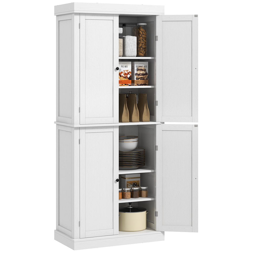 Tall Kitchen Cabinet with 6 Adjustable Shelves and 2 Wooden Doors, 76x40.5x184 cm, White