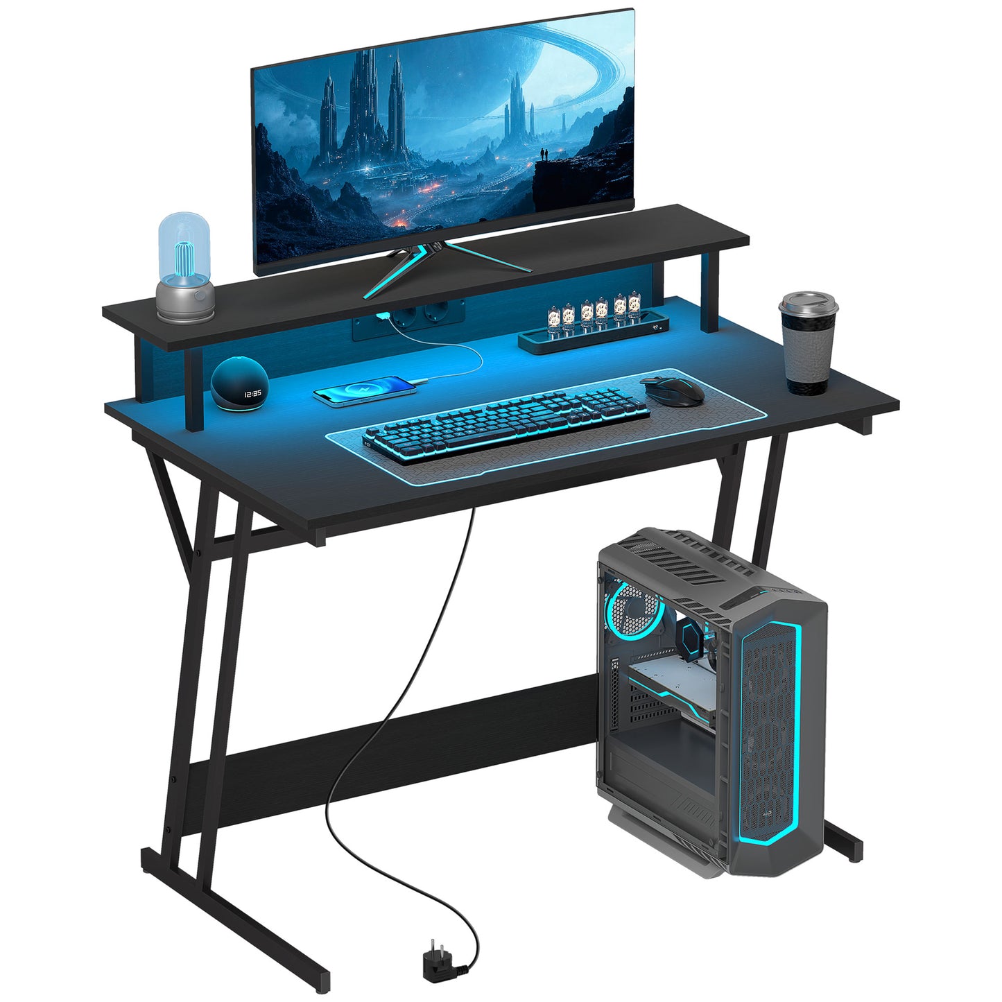 Gaming Desk with LED Lights and Monitor Stand, Chipboard and Steel, 100x60x88.5 cm, Black