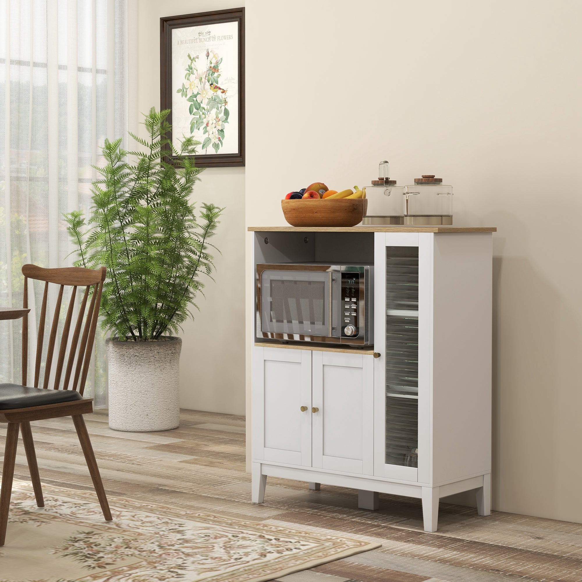 Microwave Cabinet with Lower Cabinet and 3 Side Shelves with Glass Door, Wooden, 80x35x97 cm, White
