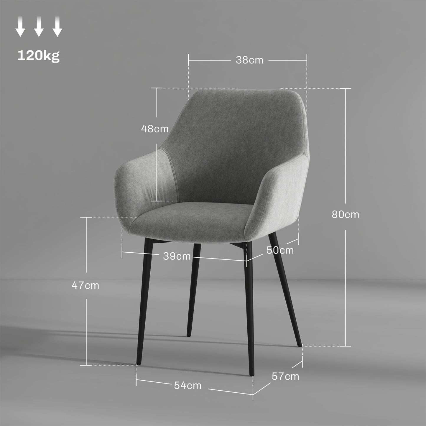 Set of 2 Nordic Dining Chairs Padded with Curved Armrests in Velvet Effect Fabric, 54x57x80 cm, Dark Grey