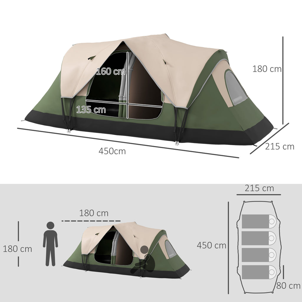 6 Person Camping Tent with 2 Separate Rooms, Polyester and Fiberglass, 450x215x180 cm, Dark Green