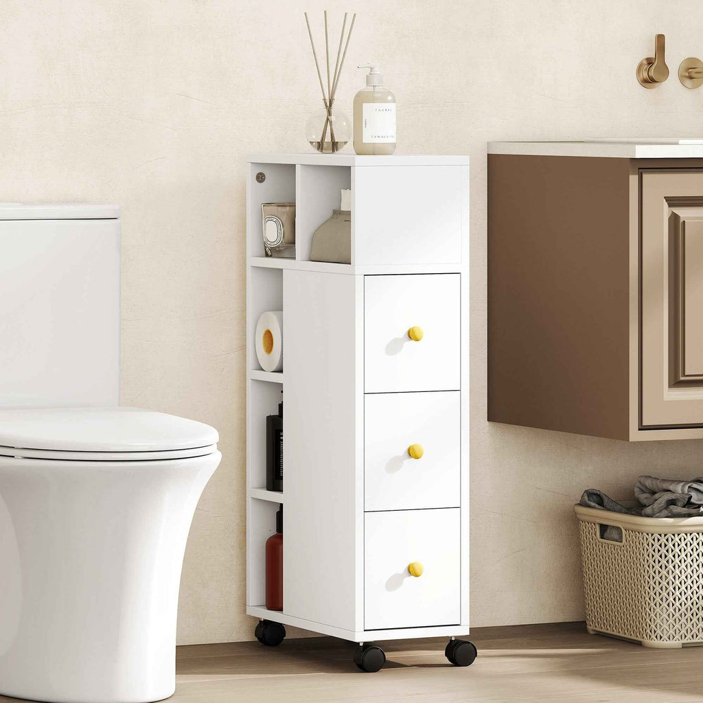 HOMCOM Space-Saving Bathroom Cabinet with Wheels, 3 Drawers and 5 Compartments with Adjustable Shelves, 20x40x80 cm, White