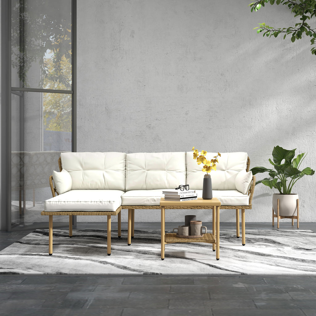 Outsunny 3-Piece Garden Set with Chaise Longue, Sofa, Cushions and Coffee Table, in Rattan and Steel, Cream White and Wood