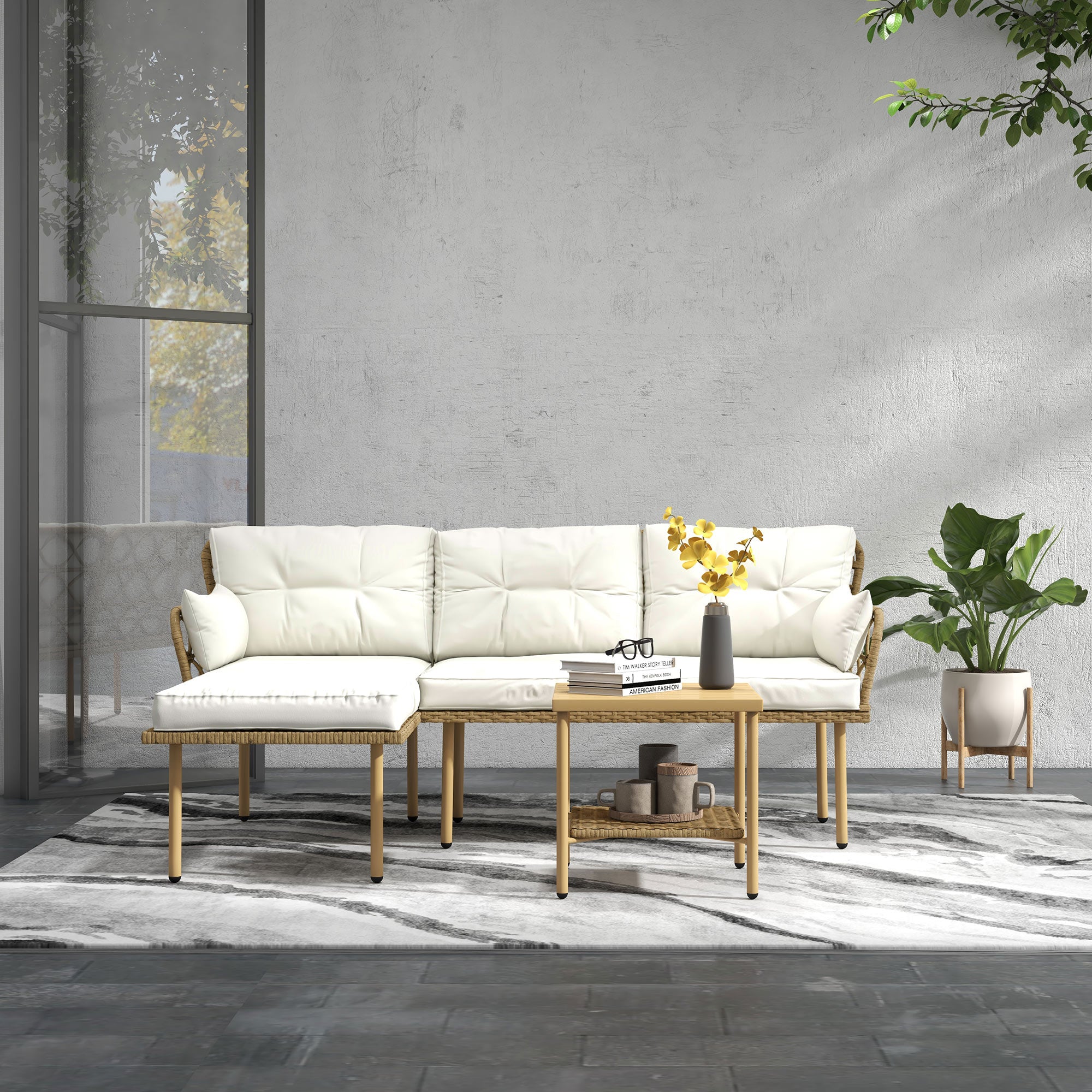 Outsunny 3-Piece Garden Set with Chaise Longue, Sofa, Cushions and Coffee Table, in Rattan and Steel, Cream White and Wood