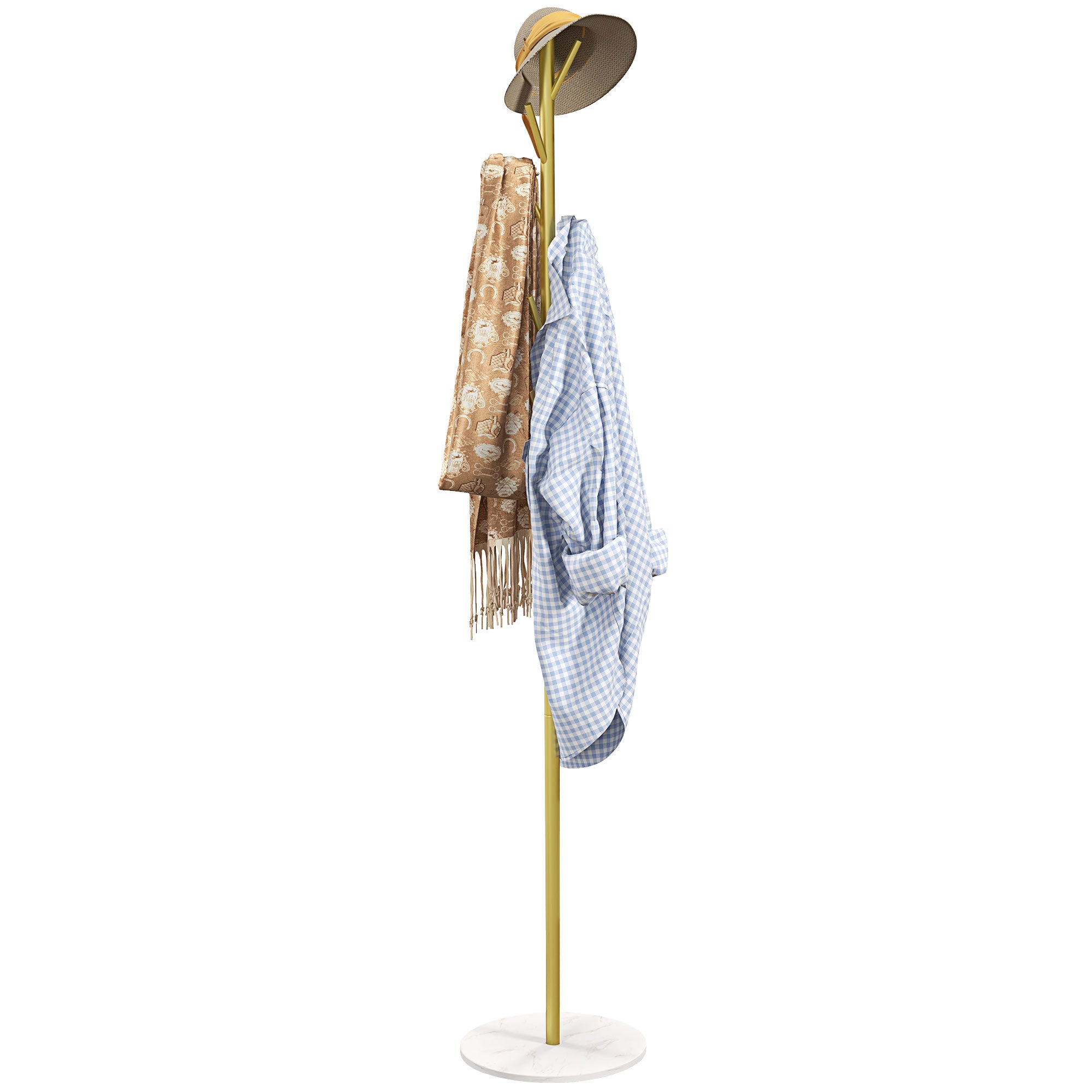 Freestanding Coat Rack with 8 Hooks, Marble and Steel Base, Ø32x164cm, Gold
