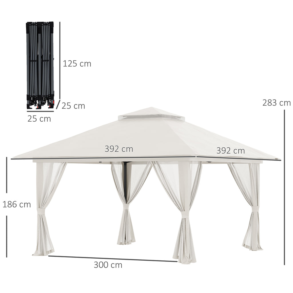 Outsunny 4x4m Adjustable Height Folding Gazebo with Mosquito Net and Bag, Metal and Oxford Fabric, Cream