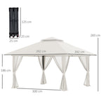 Outsunny 4x4m Adjustable Height Folding Gazebo with Mosquito Net and Bag, Metal and Oxford Fabric, Cream