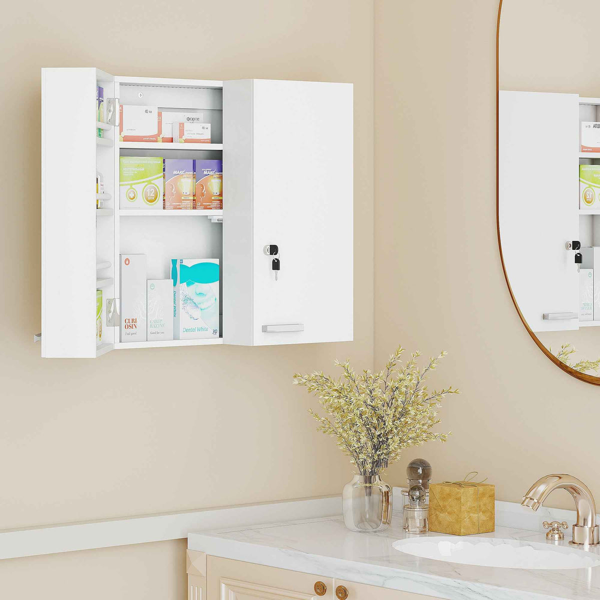HOMCOM Medicine Cabinet with 3 Internal Shelves and 8 Bottle Holders, Made of Wood and Metal, 53x20x53 cm, White