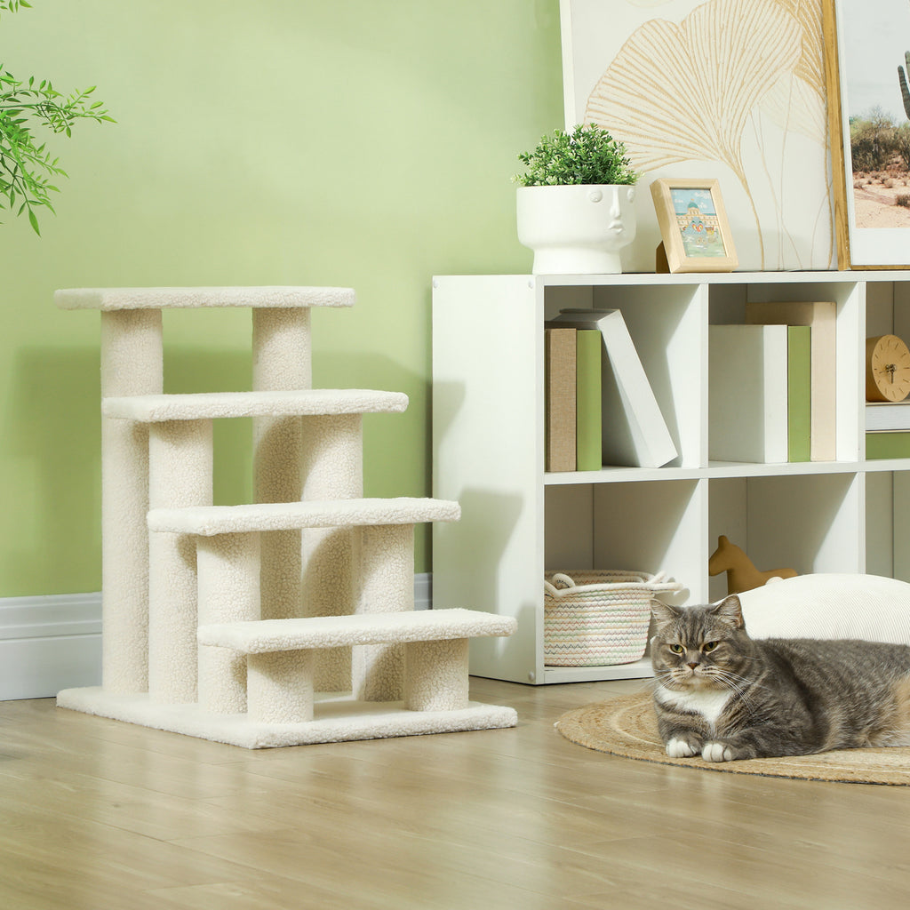 4-Step Plush Dog and Cat Ladder, Non-Slip Pet Steps for Cats and Dogs, Puppy Steps for Bed and Sofa, 61x41x60cm Cream