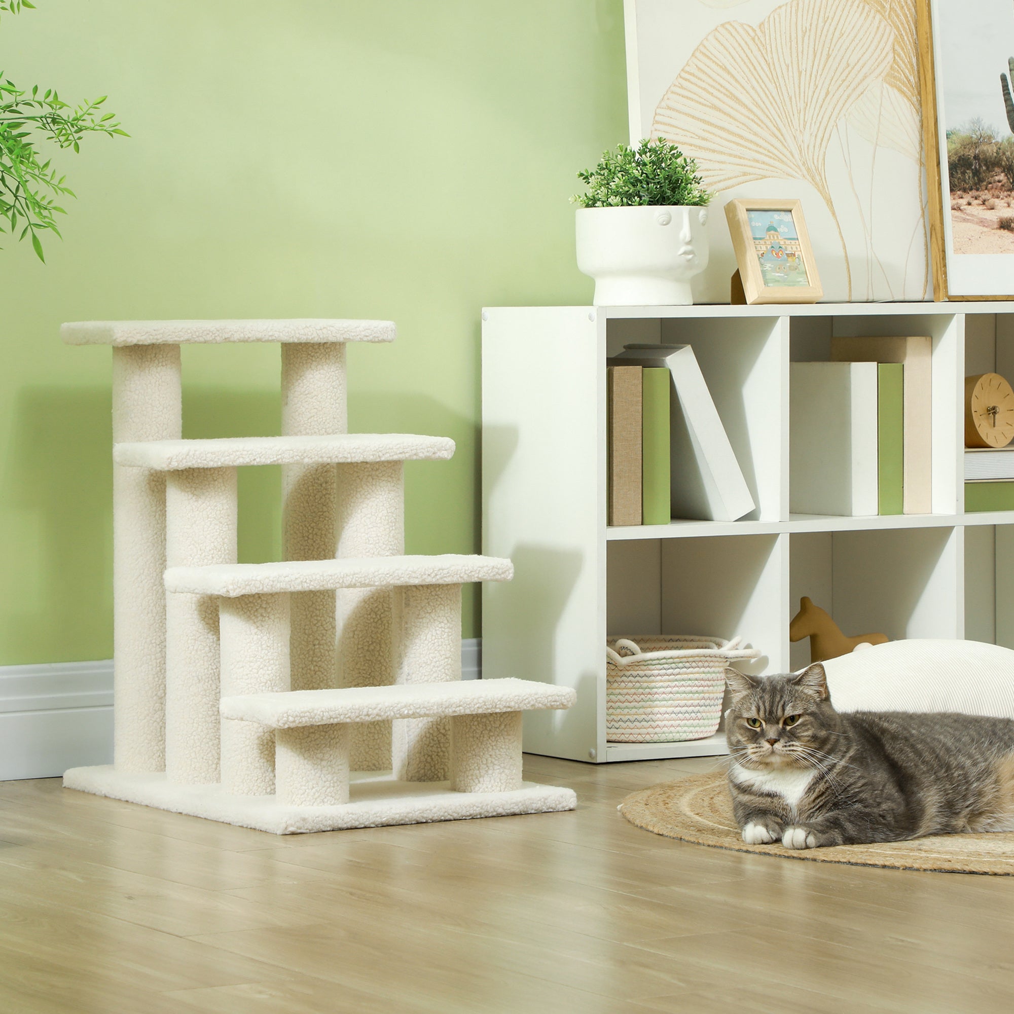 4-Step Plush Dog and Cat Ladder, Non-Slip Pet Steps for Cats and Dogs, Puppy Steps for Bed and Sofa, 61x41x60cm Cream