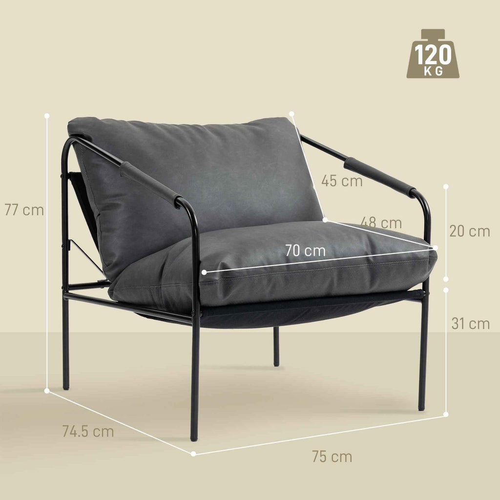 HOMCOM PU Leather Metal Frame Lounge Chair with Thick Cushions, 74.5 x 75 x 77 cm, Charcoal Grey