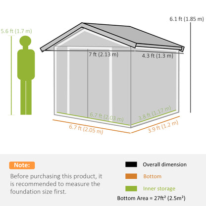 Outsunny Steel Sheet Garden Shed with Sliding Doors, 213x130x185cm, Light Green - Borgè