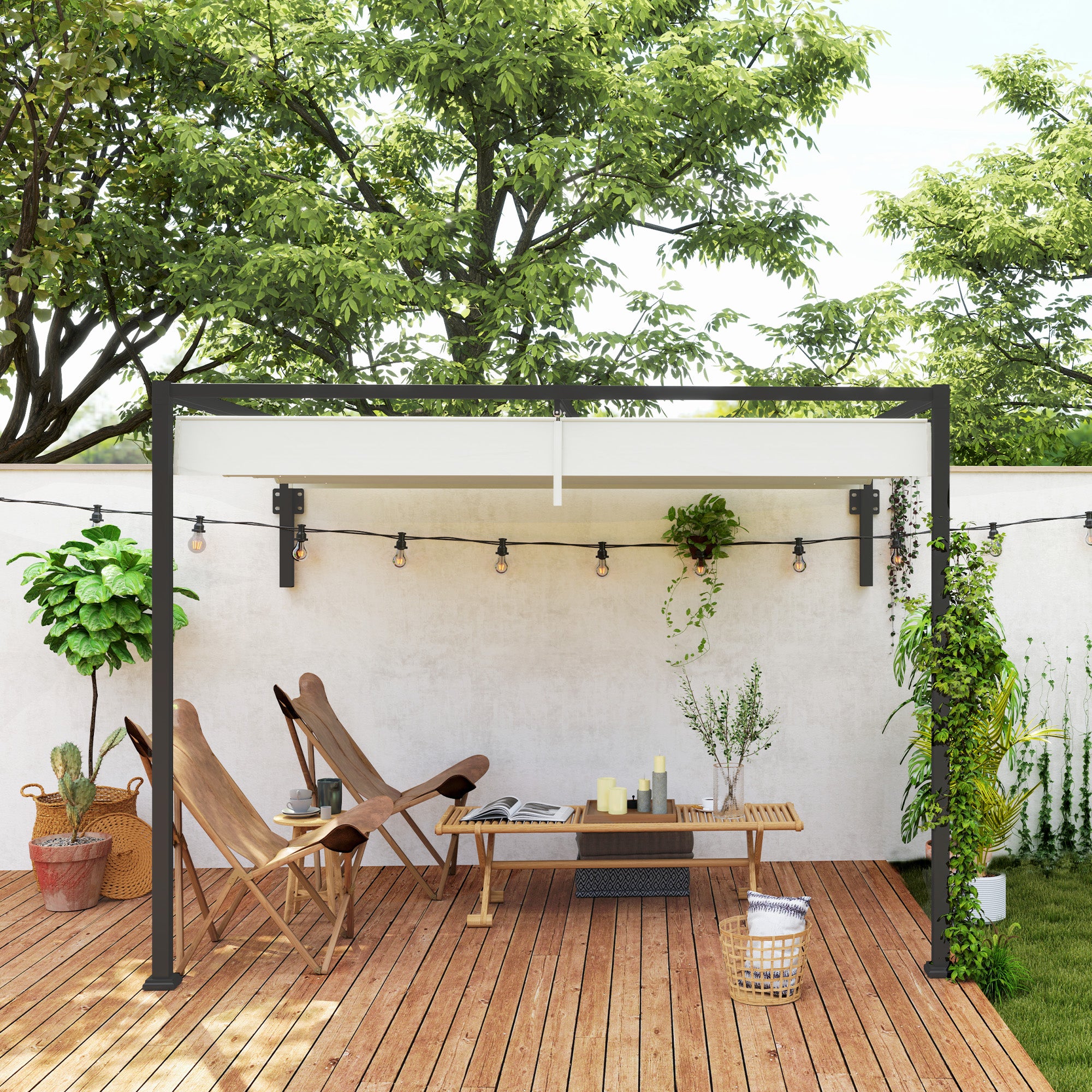 Outsunny Pergola Gazebo 3x2 m with Retractable Canopy and Drainage Holes in Steel and Polyester, Cream