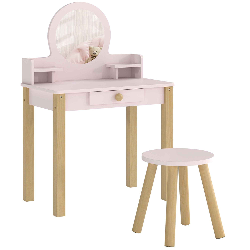 AIYAPLAY Girls' Dressing Table with Stool, Mirror, and Wooden Drawer, Ages 3-6, Pink