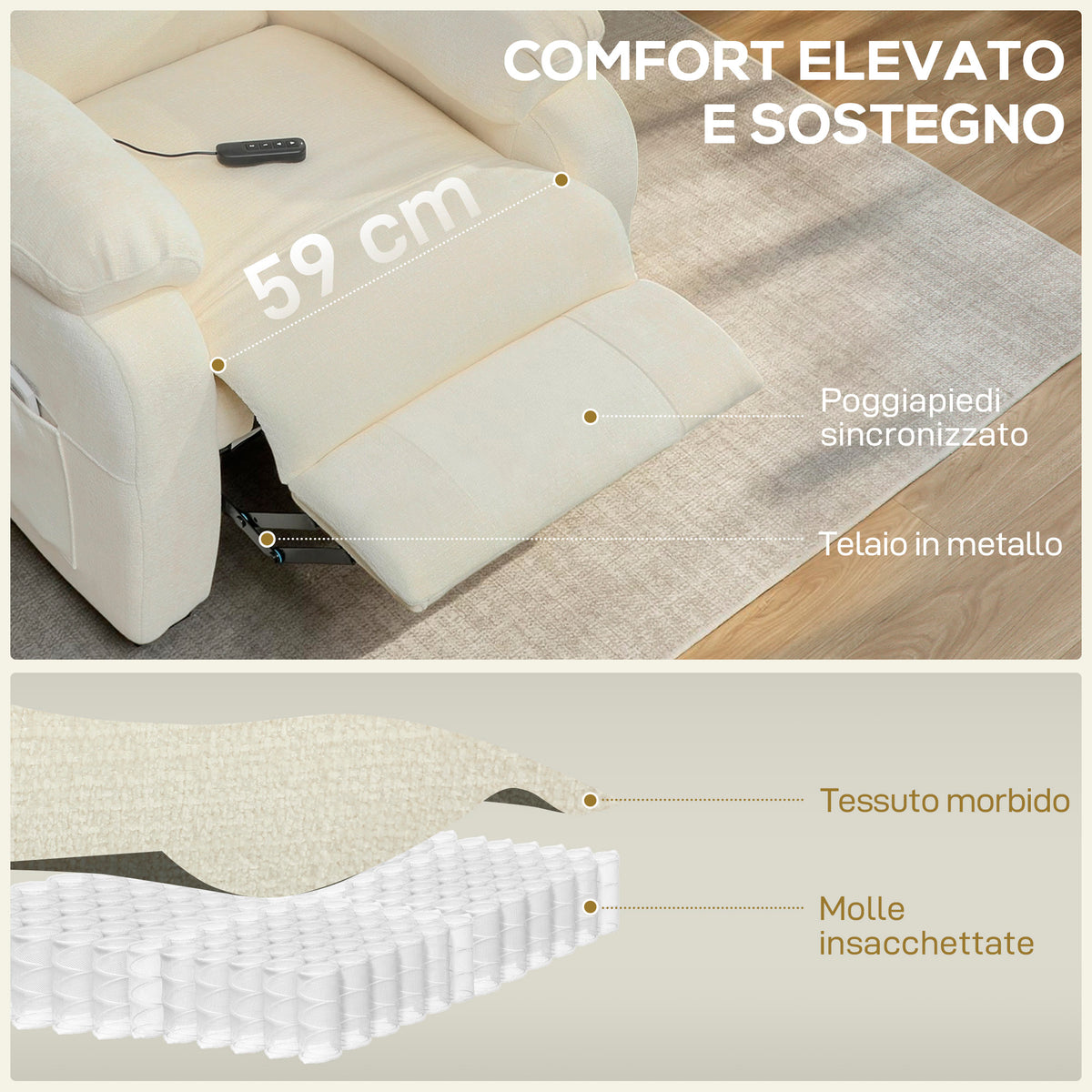HOMCOM 150° Reclining Velvet Armchair with Footrest, Remote Control and Side Pocket, 96x90x105 cm, White