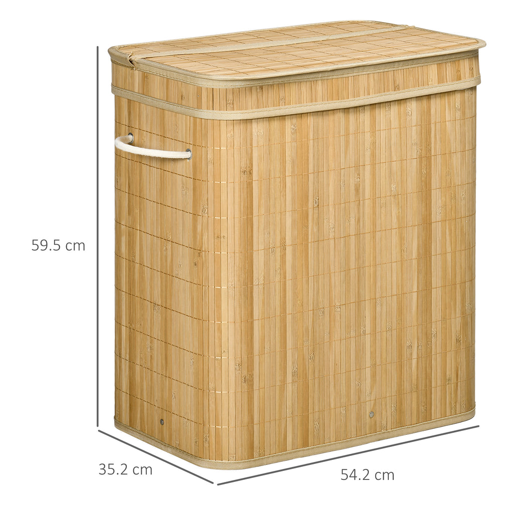 90L Foldable Laundry Basket with 2 Compartments, Bamboo Lid and Handles