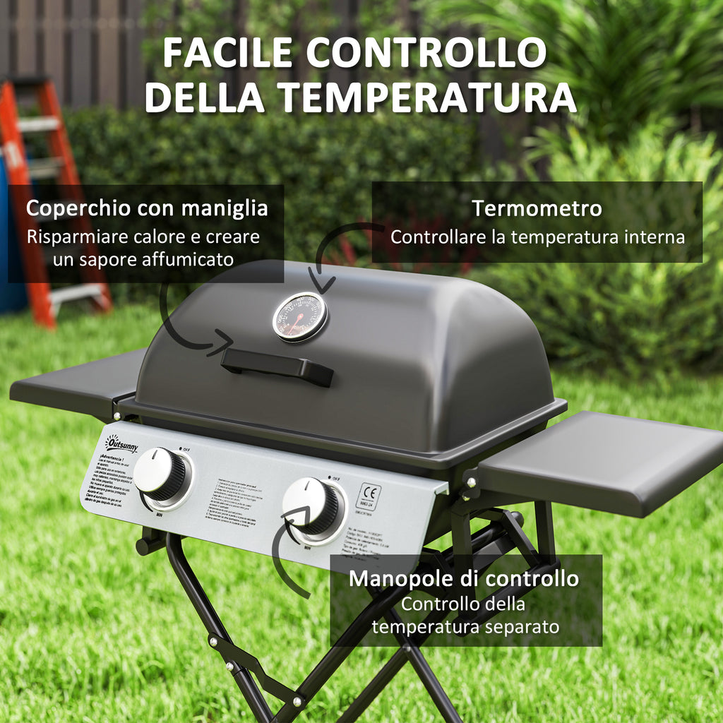 Portable Gas Barbecue with 2 Burners and 2 Side Tables, Lid with Thermometer and Wheels, Black
