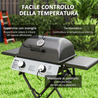 Portable Gas Barbecue with 2 Burners and 2 Side Tables, Lid with Thermometer and Wheels, Black