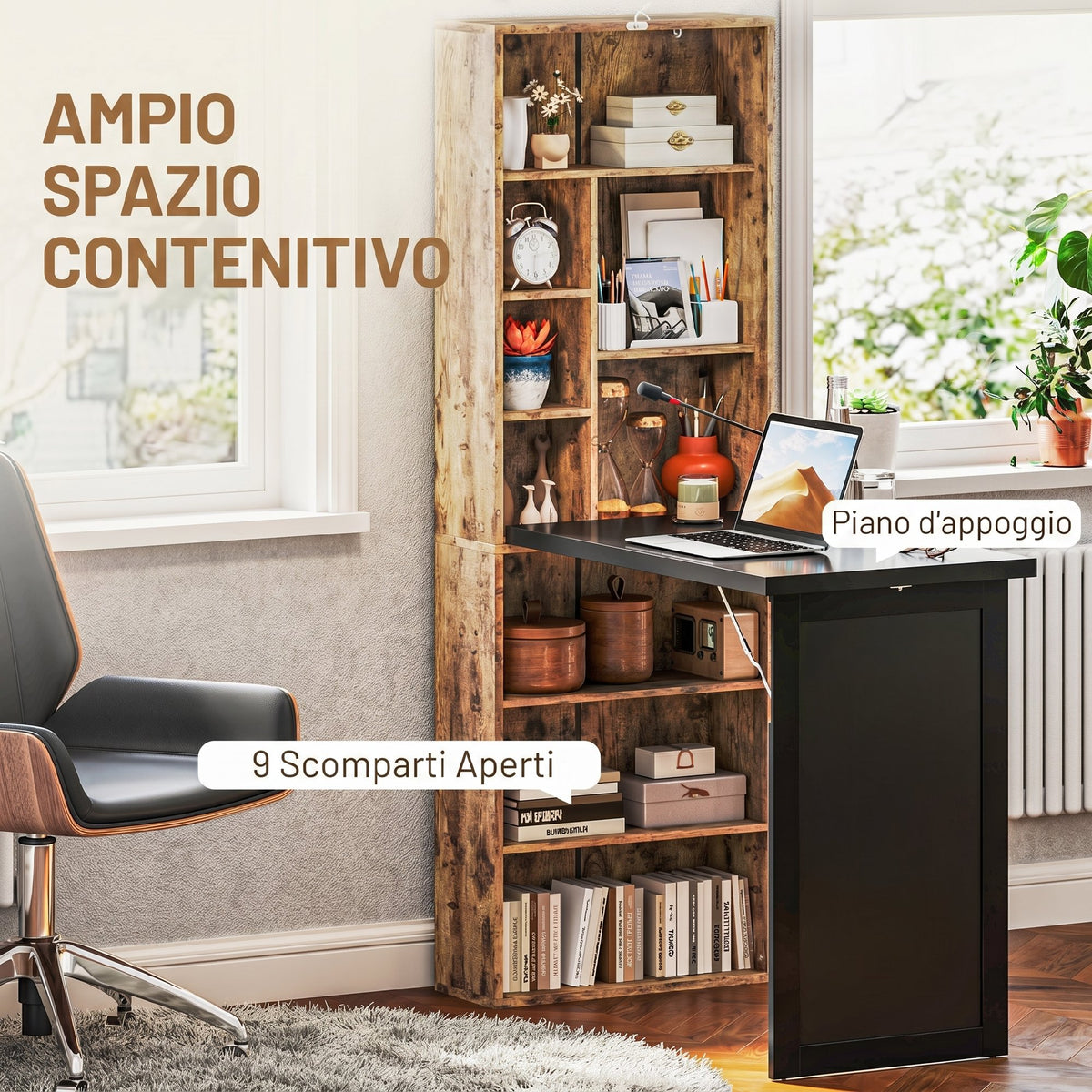 HOMCOM Modern Folding Desk with Bookshelf and Blackboard, Wood and Metal, 98x51x153 cm, Rustic Brown
