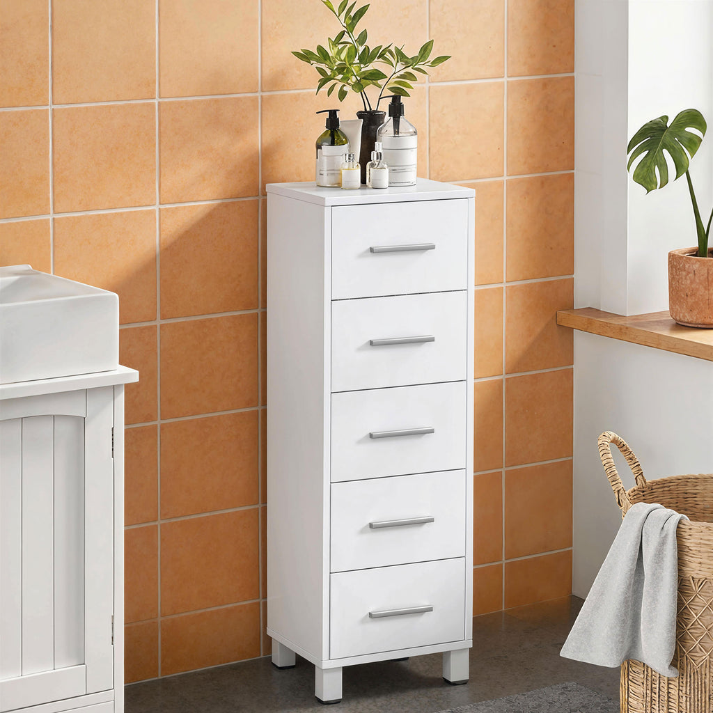 5-Drawer Chest of Drawers for Bedroom and Living Room, FSC Wood, 30x30x95 cm, White