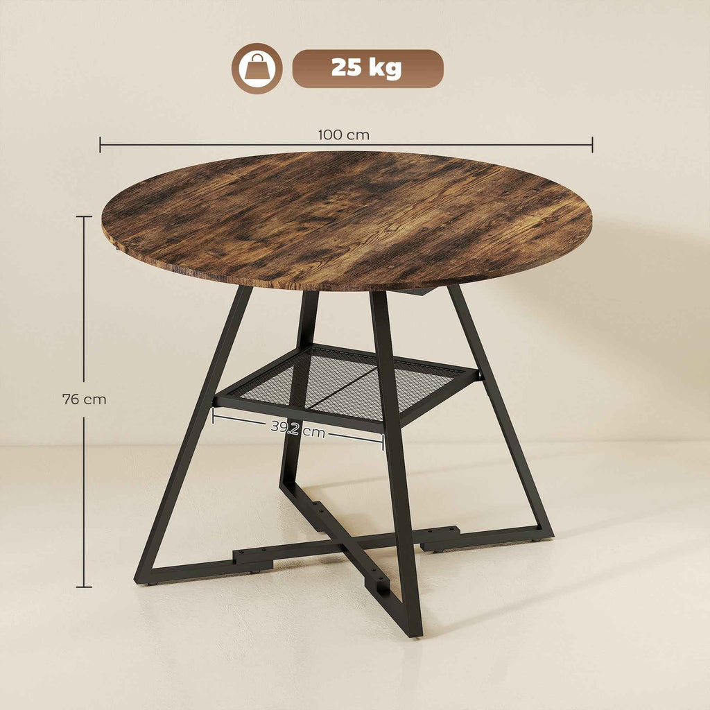 4-Seater Dining Table, 100cm Round, Industrial Kitchen, Storage Shelf, Rustic Brown.