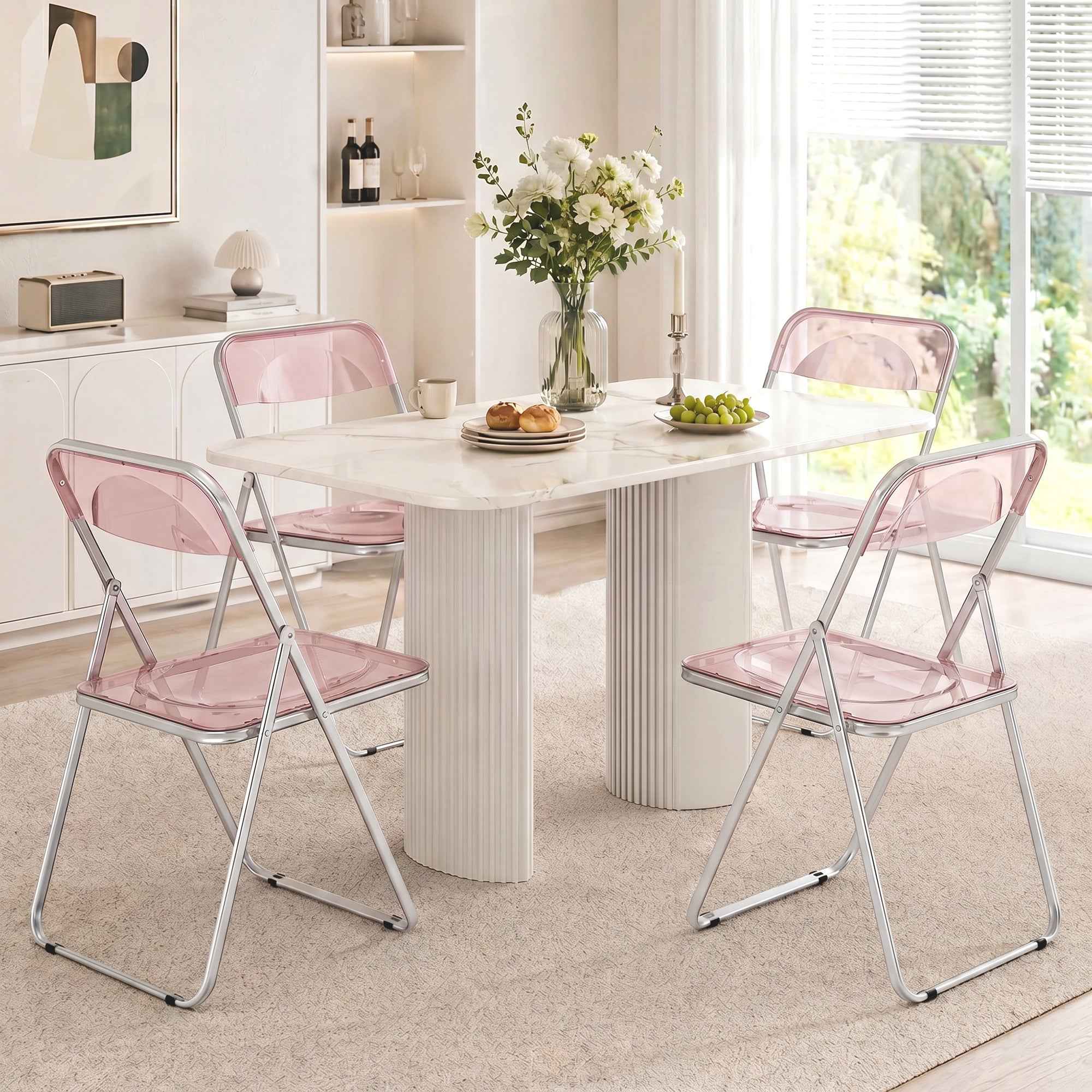 HOMCOM Set of 4 Clear Acrylic Folding Chairs, Pink