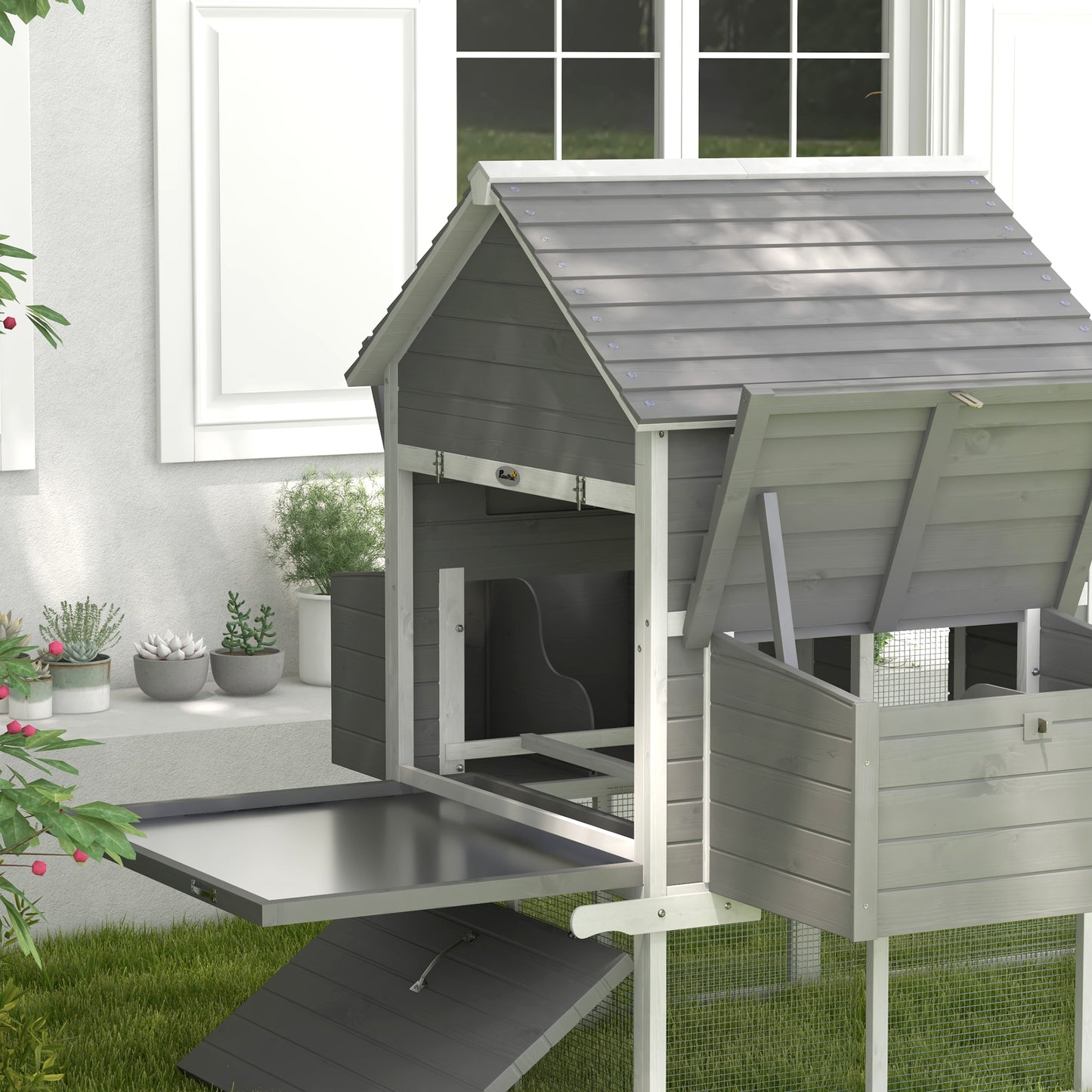 Pawhut Garden Chicken coop with chickens, ramp and open area, 310.5x149.5x149cm, gray - Borgè