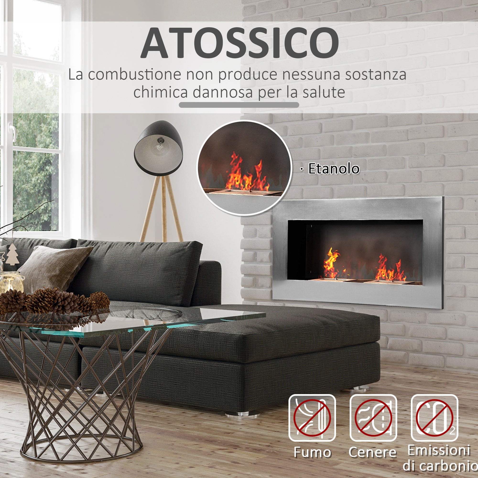 Wall-Mounted Bioethanol Fireplace Made of Stainless Steel with 2 Burners 0.9LT 110 x 54 x 14cm