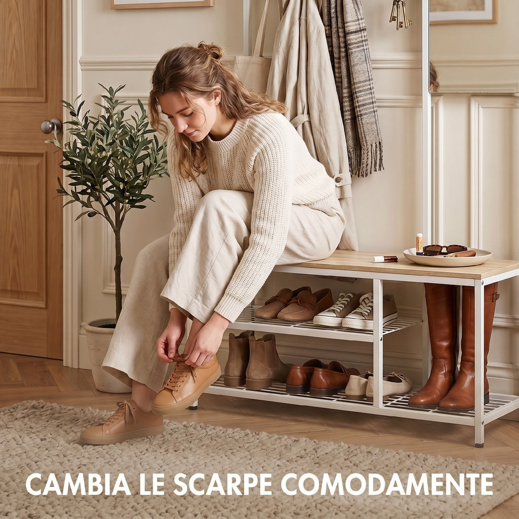 HOMCOM Hallway Coat Rack with Full-Length Mirror and Shoe Bench, Wood and Metal, Wood Color