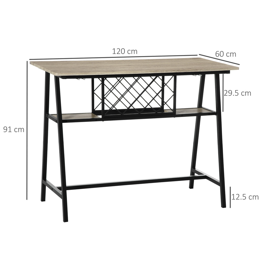 Industrial Bar Table for 10 Bottles in Chipboard and Steel, 120x60x91 cm, Black and Wood Color