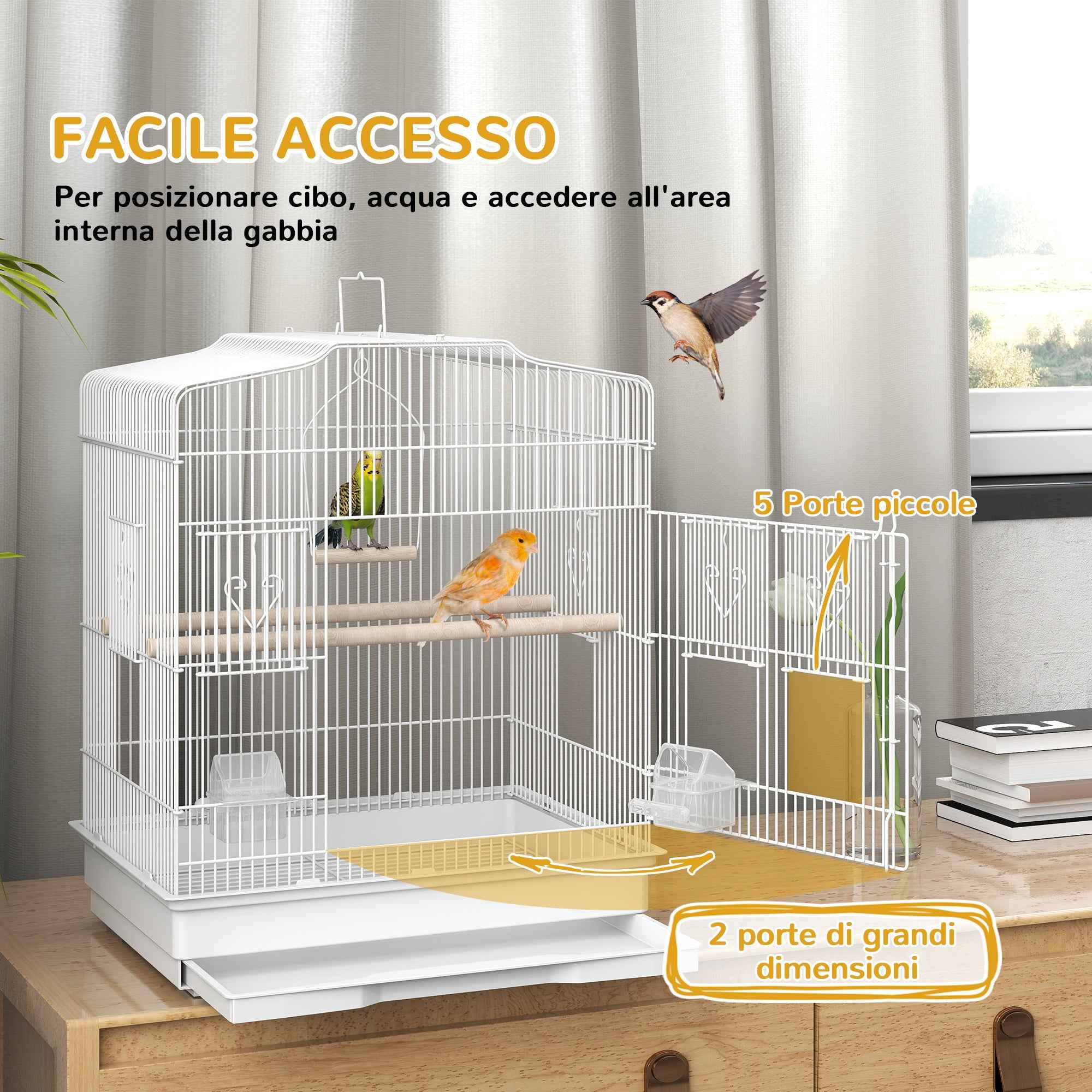 PawHut Portable Bird Cage with Handle, Removable Tray and 5 Doors, Perches and Swing, White