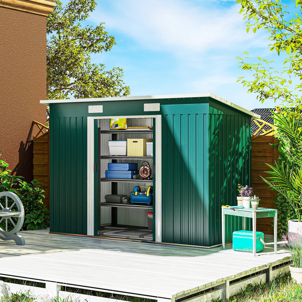 Outsunny Steel Garden Shed 272 x 134 cm with Double Sliding Doors and 2 Vents, Green