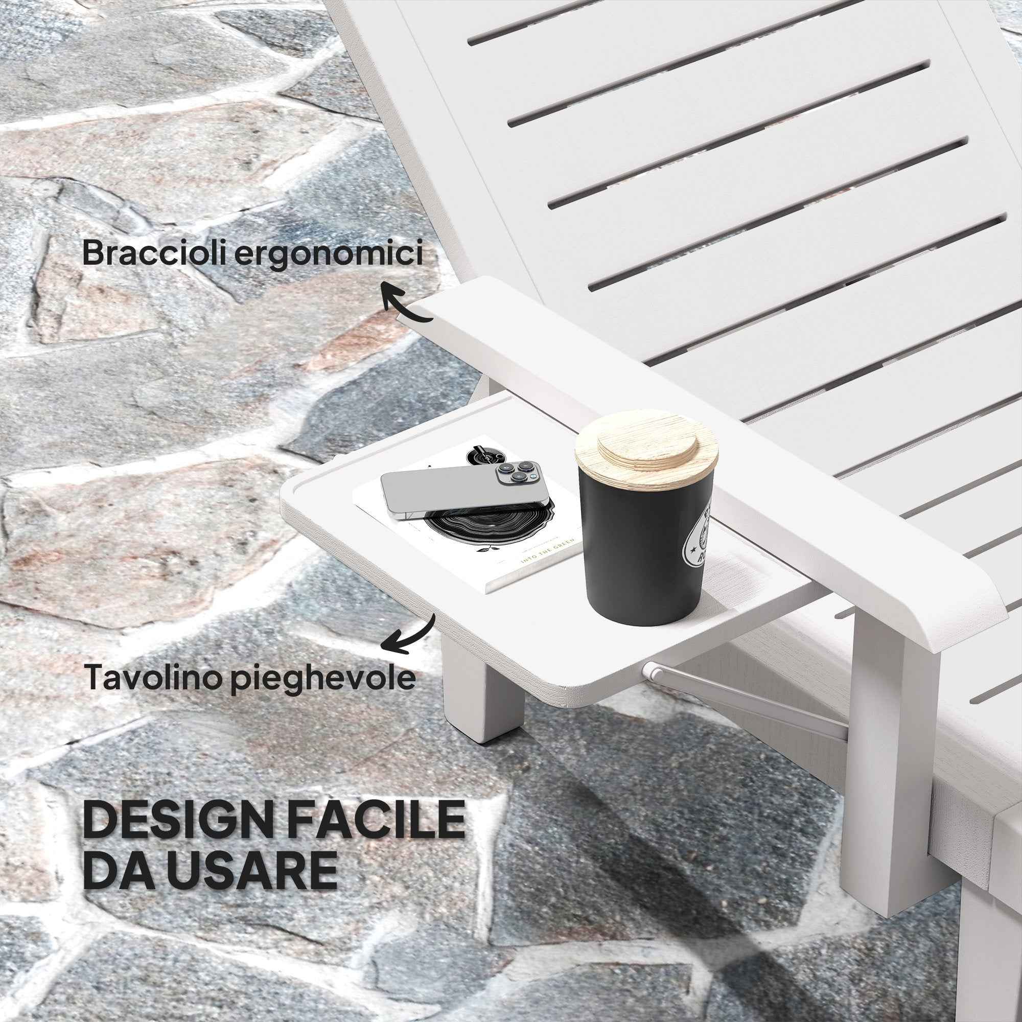 Outsunny Set of 2 Adjustable Garden Loungers with Table and Armrests, in Polypropylene, 79x158x88 cm, White