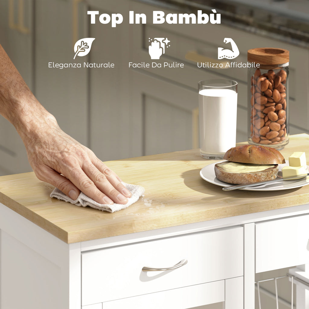 Bamboo Kitchen Cart with 2 Drawers, Cabinet, Shelf and 2 Steel Baskets, 67x35x80 cm, White