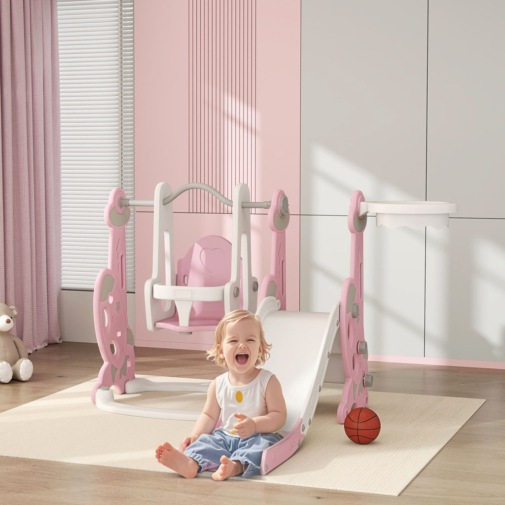 AIYAPLAY 4-in-1 Baby Slide with Swing, Climbing Ladder and Basketball Hoop, 18-48 Months, Pink