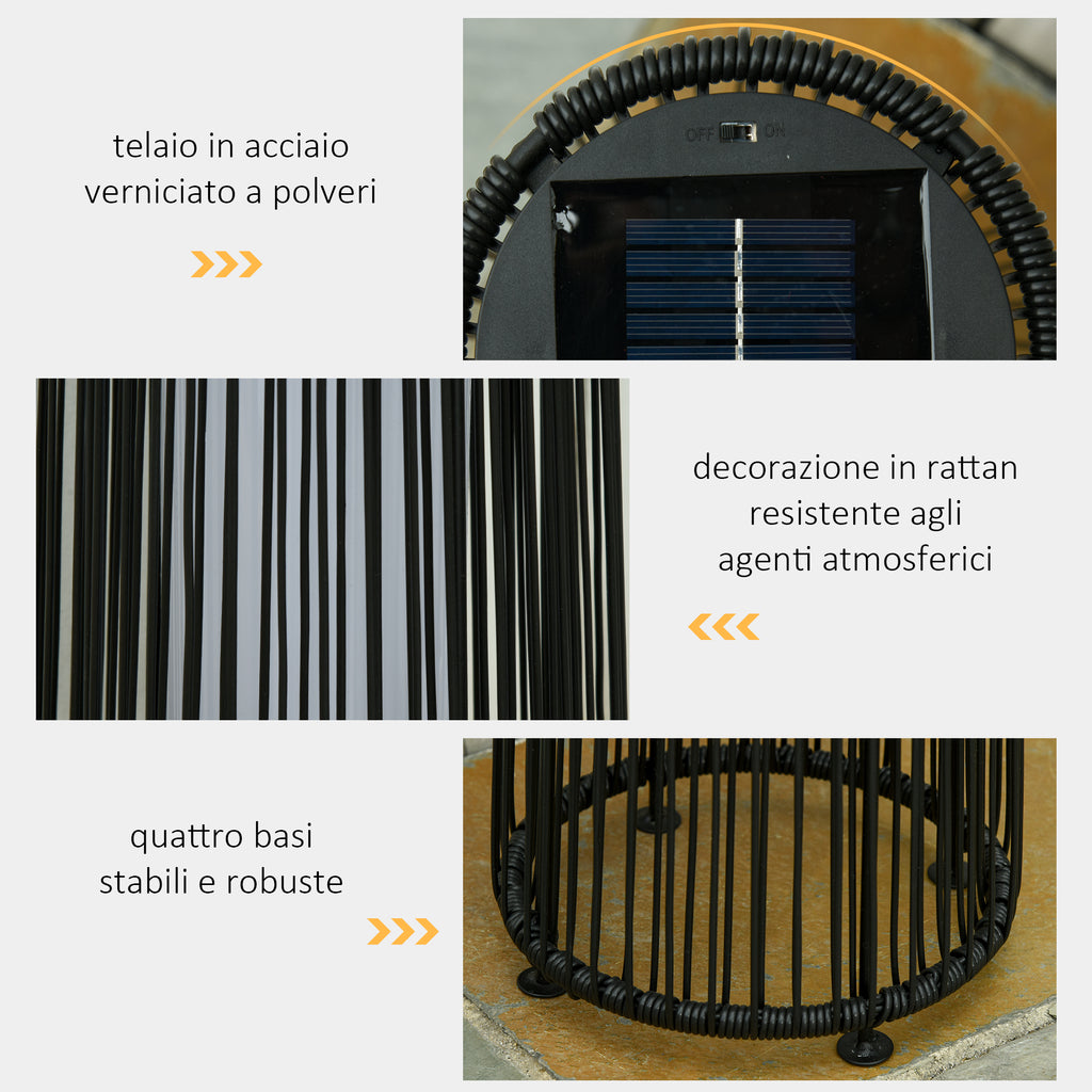 Outsunny Solar LED Garden Lantern with Charging Panel in Rattan and Metal, Ø21.5x61cm, Black