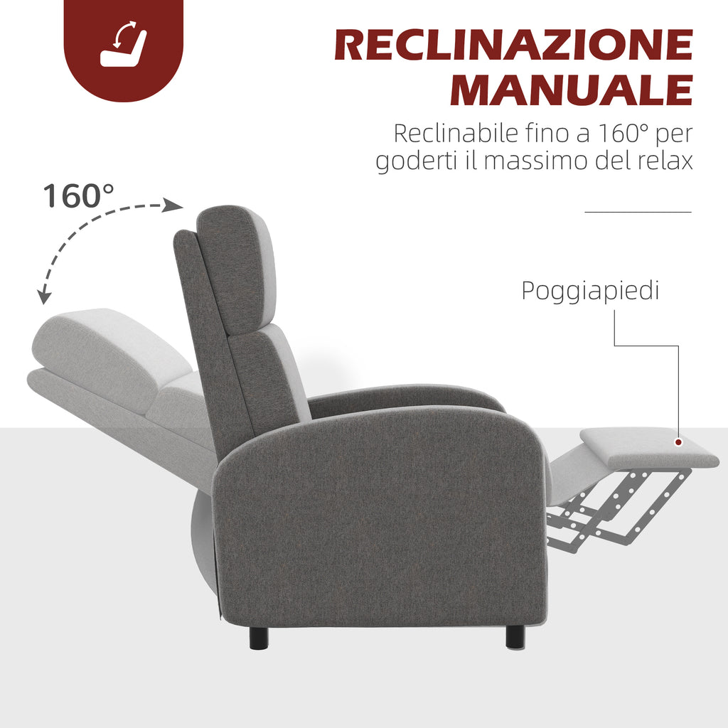 160° Reclining Armchair in Linen Effect Fabric with Square Armrests, 64x86x102 cm, Grey - Borgè