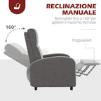 160° Reclining Armchair in Linen Effect Fabric with Square Armrests, 64x86x102 cm, Grey - Borgè